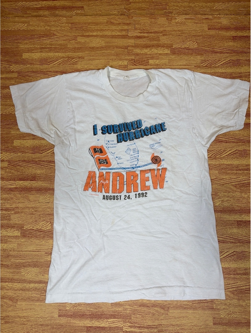 Vintage 1992 Hurricane Andrew I Survived T-Shirt White Large